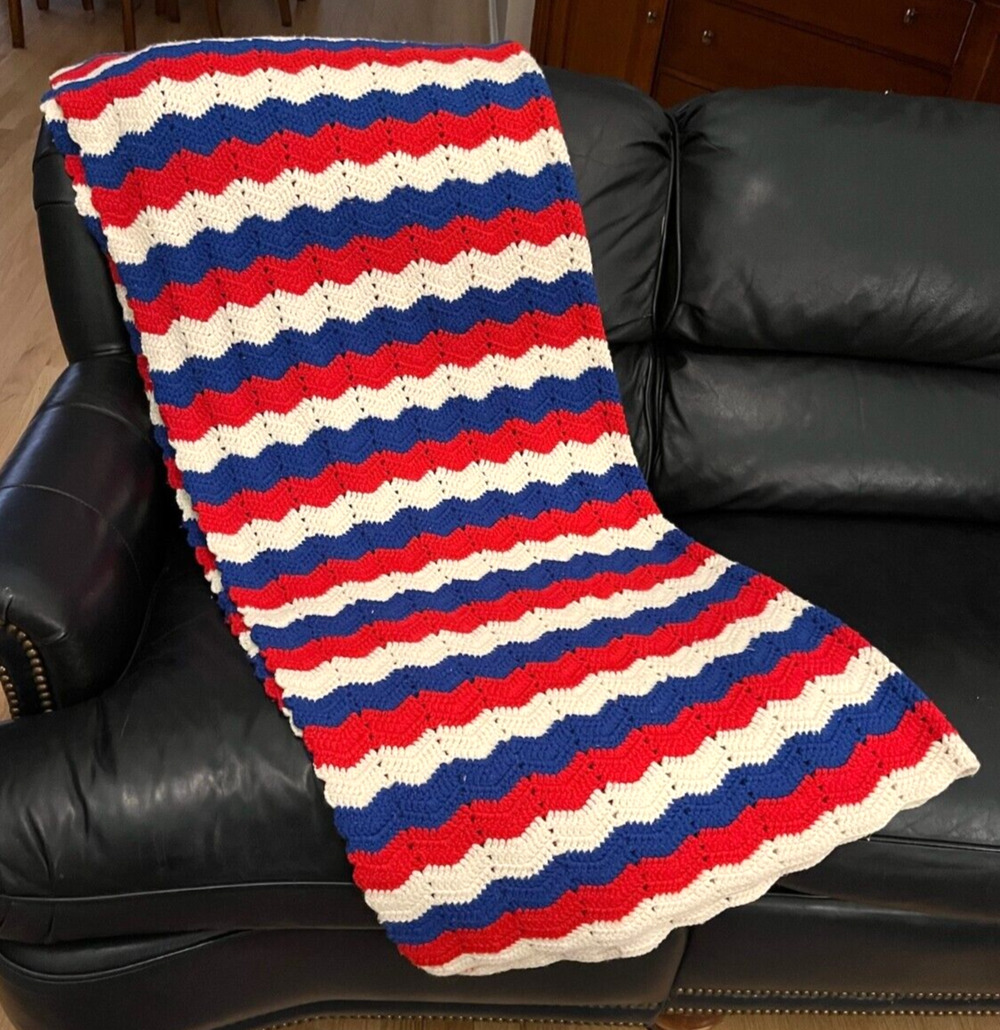VTG Hand Crochet Patriotic Afghan Blanket Chevron Zig Zag Red White Blue Throw